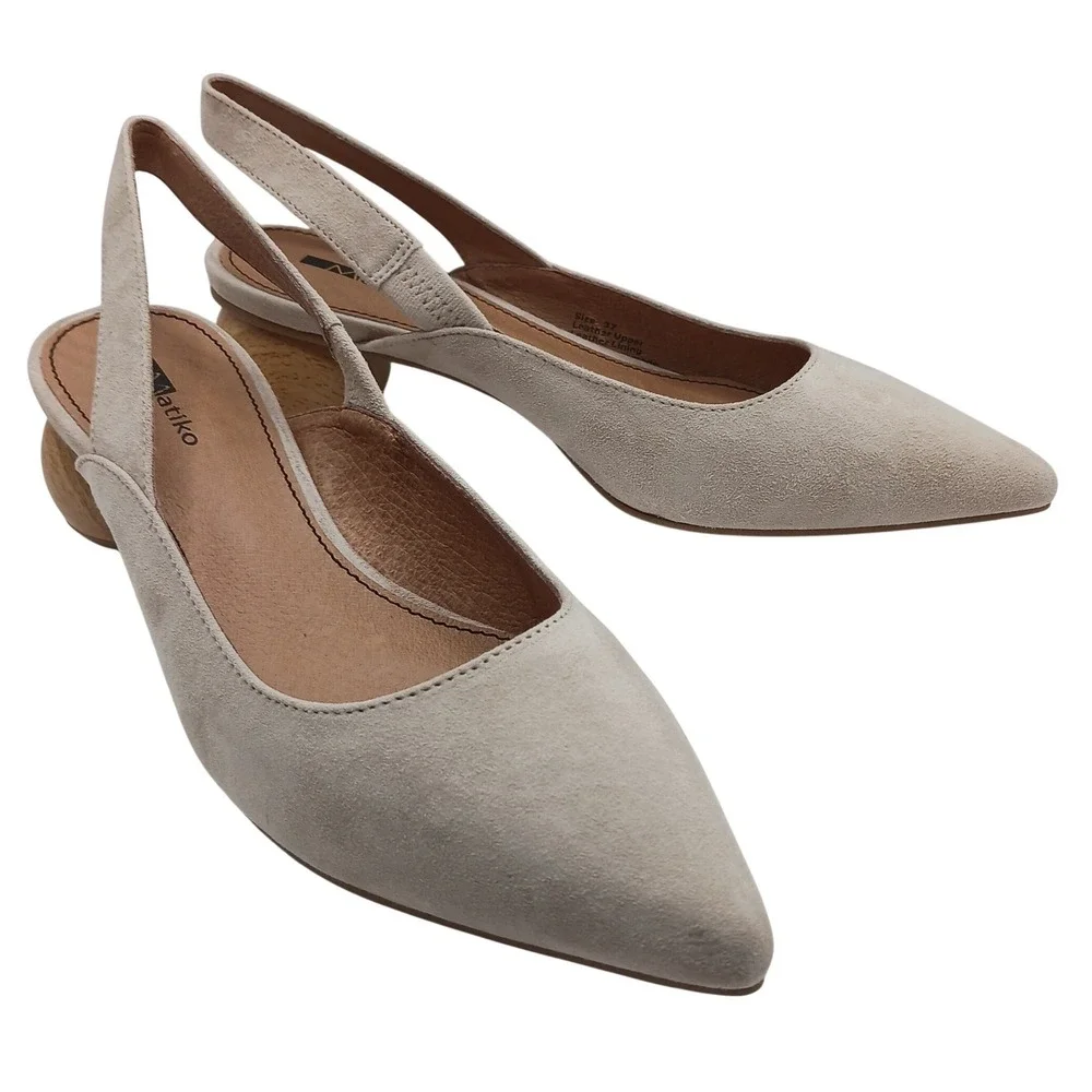 NIB Matiko Circa Suede Slingback Pumps Wooden Orb Heel Pointed Toe Size 37 Peach